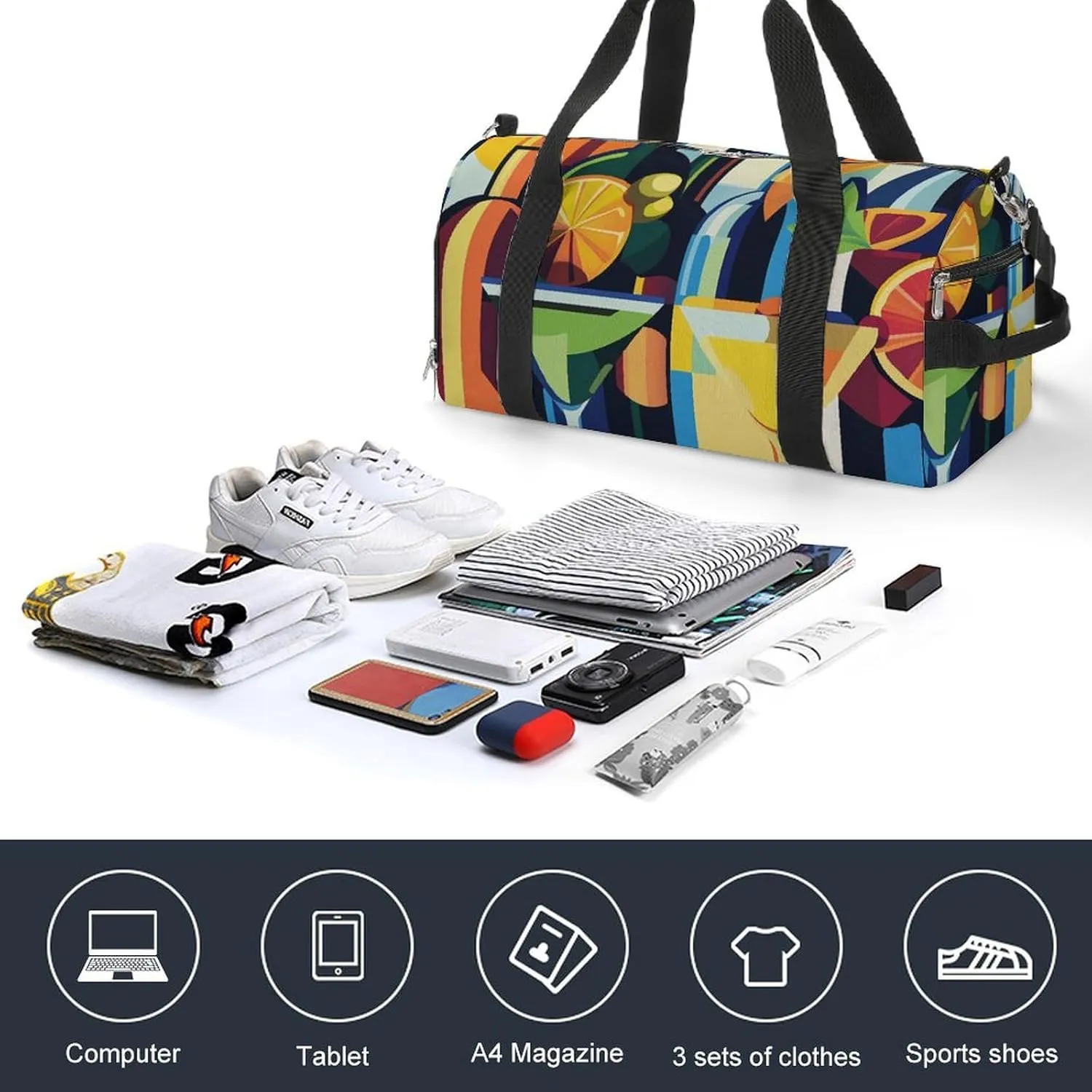 Pop Art of Wine Bottles And Cocktails Fitness Large Gym Bag for Unisex with Shoe Compartment & Wet Pocket