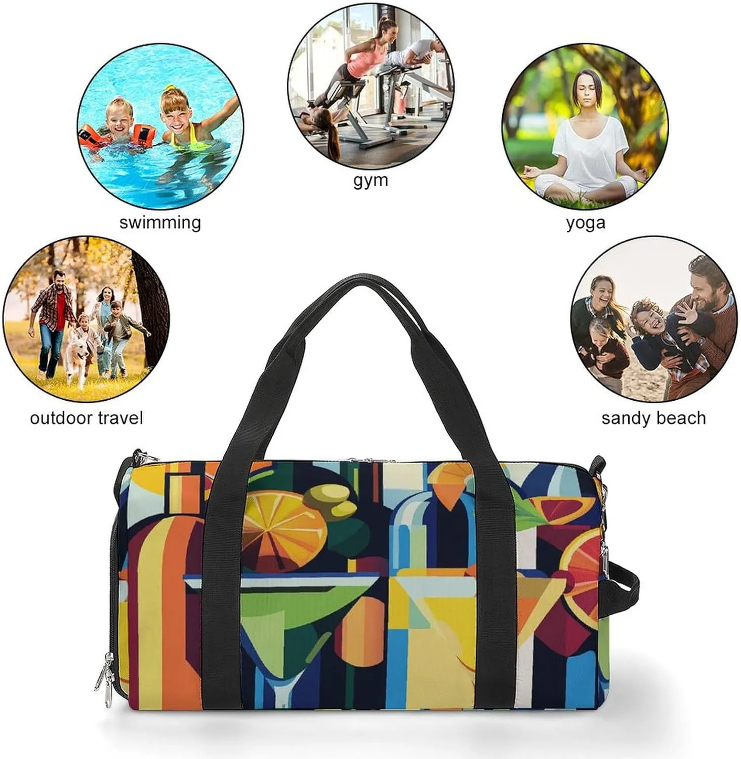 Pop Art of Wine Bottles And Cocktails Fitness Large Gym Bag for Unisex with Shoe Compartment & Wet Pocket
