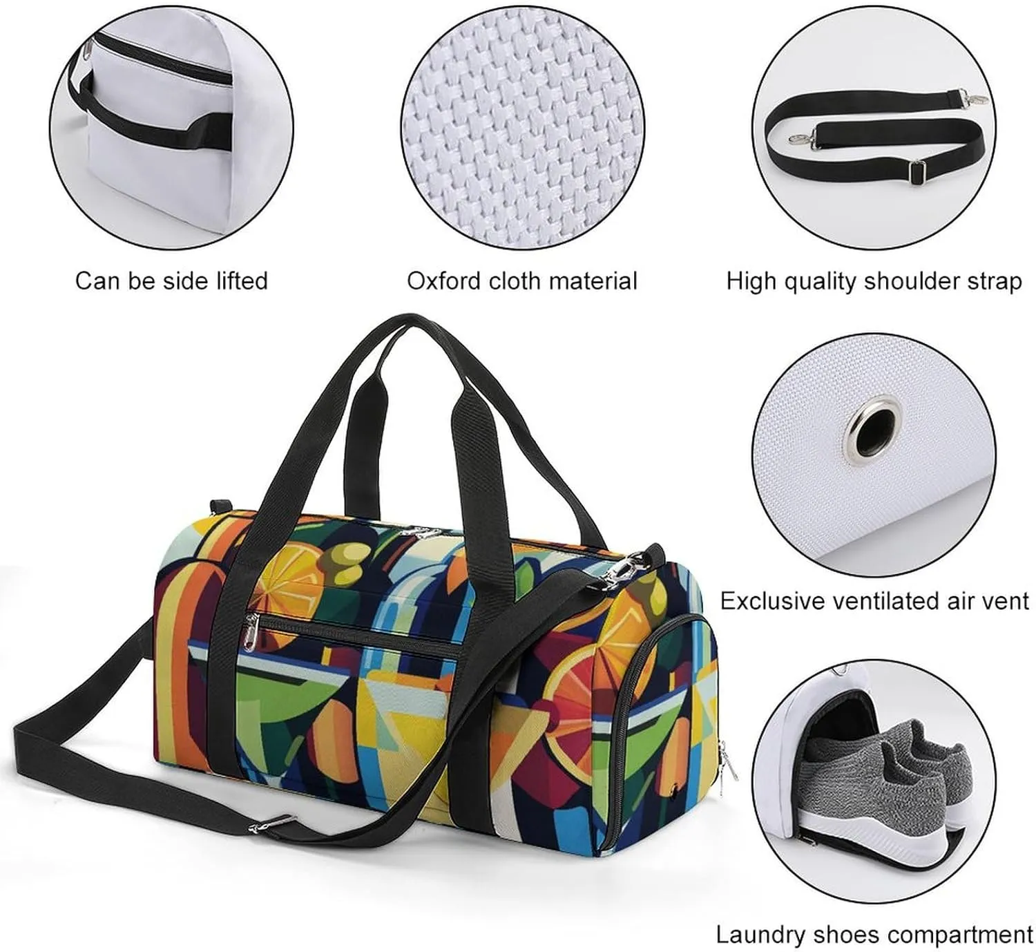 Pop Art of Wine Bottles And Cocktails Fitness Large Gym Bag for Unisex with Shoe Compartment & Wet Pocket