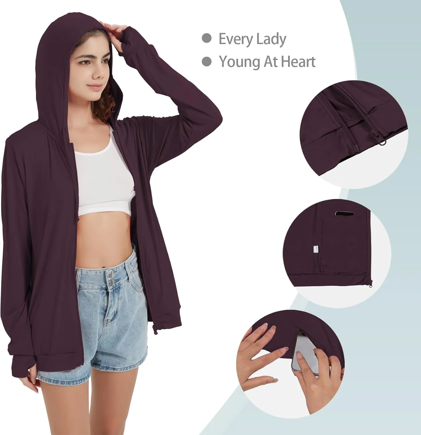 QBK Light Weight Zip Up Hoodie Thin Summer Jacket For Women