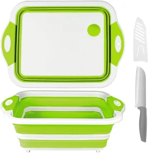 QiMH Collapsible Cutting Board - Portable Washing Veggies Fruits Food Grade Camping Sink (8.5Quart) with Draining Plug - Foldable Multi-function Kitchen Plastic Silicone Basin(Knife Included)