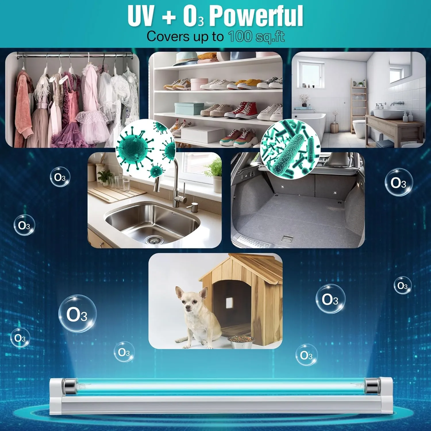 Qualirey 2 Pack UV Light with Ozone, 110V UVC Double Germicidal Lamp Including ON/Off Switch Cord and Plug, 253.7nm Wavelength UVC Lamp with Connector and Screw Tools for Closet Shoe Cabinet (8w)