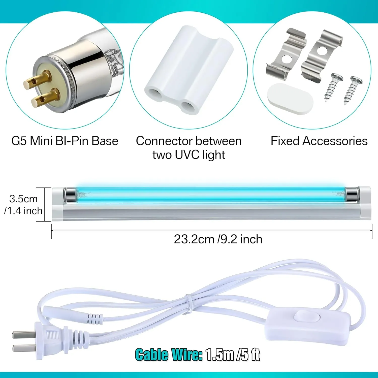 Qualirey 2 Pack UV Light with Ozone, 110V UVC Double Germicidal Lamp Including ON/Off Switch Cord and Plug, 253.7nm Wavelength UVC Lamp with Connector and Screw Tools for Closet Shoe Cabinet (8w)