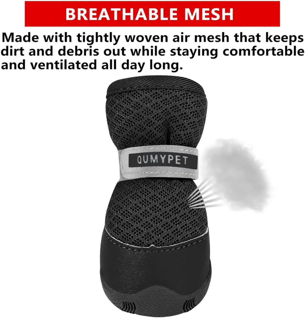 QUMY 4PCS Dog Shoes for Small Dogs, Hot Pavement Summer Puppy Dog Boots & Paw Protectors with Soft Anti-Slip Rubber Sole, Mesh Breathable Dog Booties for Hardfloors, Walking Running Black Size 4