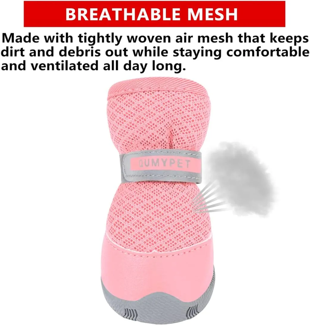 QUMY 4PCS Dog Shoes for Small Dogs, Hot Pavement Summer Puppy Dog Boots & Paw Protectors with Soft Anti-Slip Rubber Sole, Mesh Breathable Dog Booties for Hardfloors, Walking Running Pink Size 2