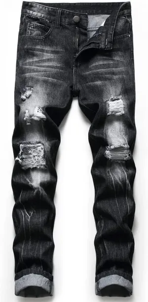 Ripped Jeans for Men Slim Denim Regular Fit Tapered Leg Distressed Destroyed Pants Mens Jeans with Hole