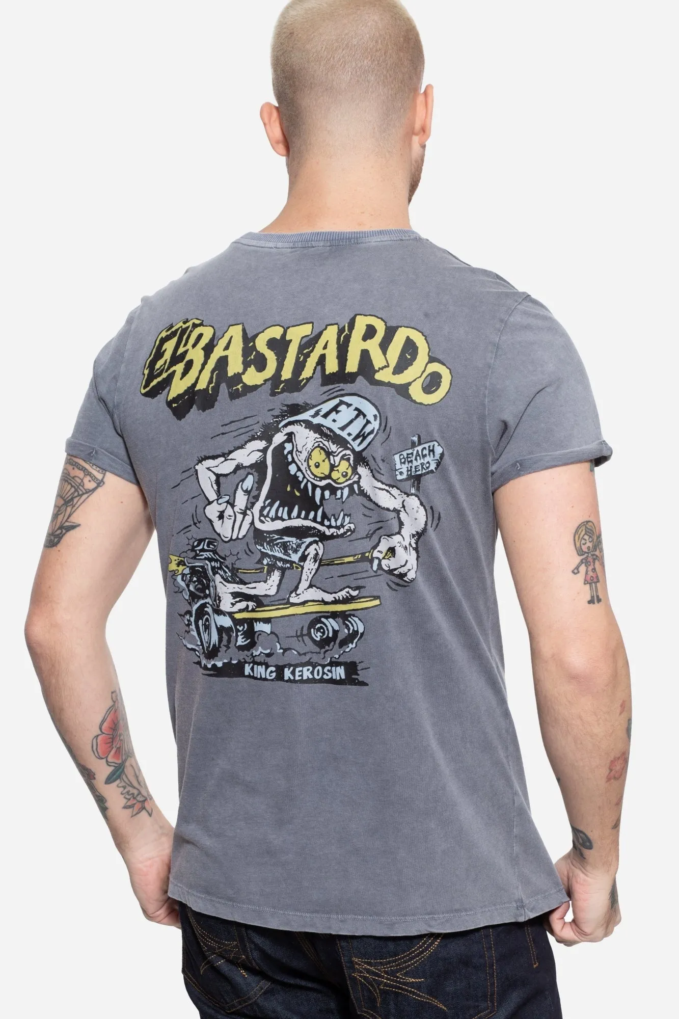 Roll-Up T-Shirt Acid Wash mit Monster Backprint «El Bastardo»