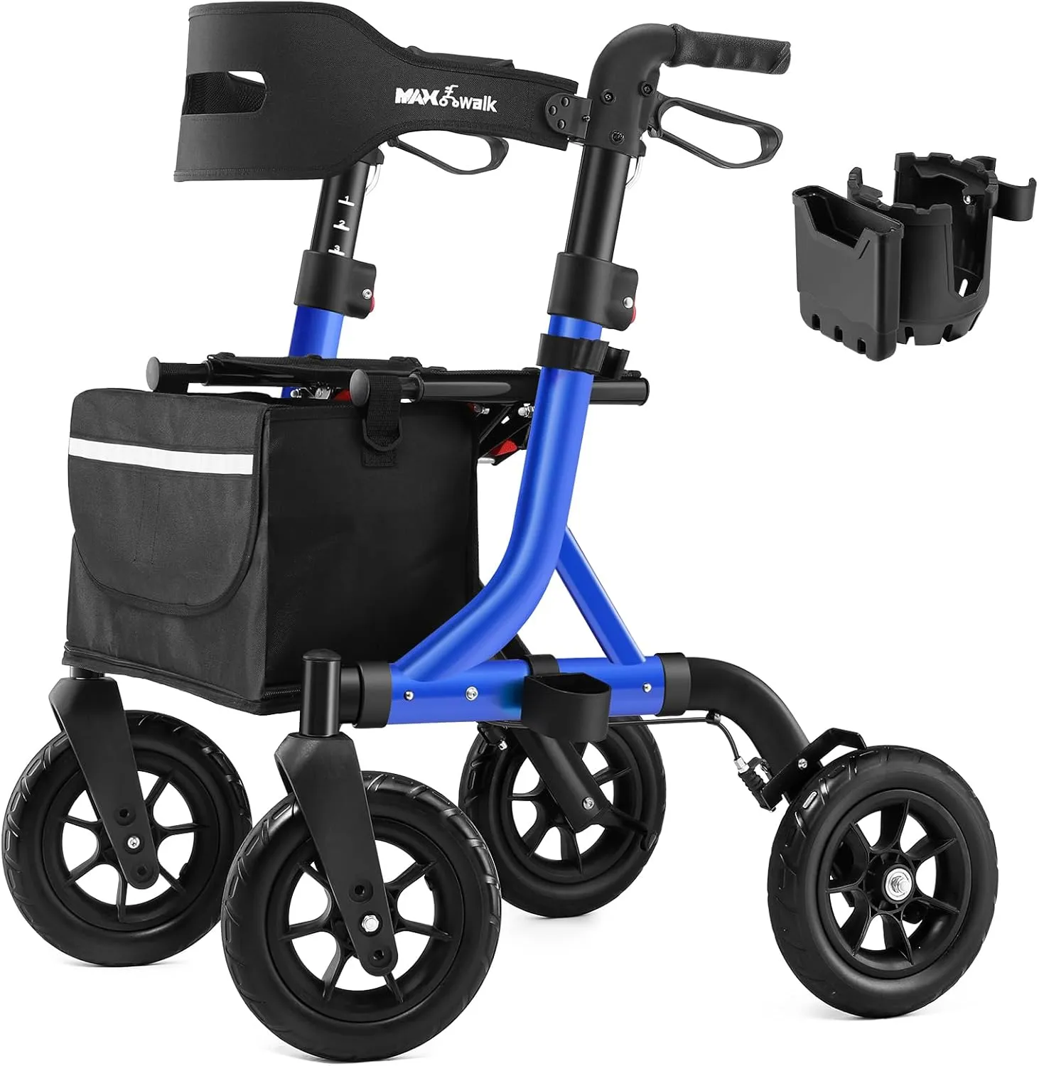 Rollator Walker for Seniors, Foldable All Terrain Rolling Walker with seat, Aluminum Walkers with 10 inch Rubber Wheels, Built-in Cable, Cup Holder, Adjustable Handles and Backrest for Seniors, Blue