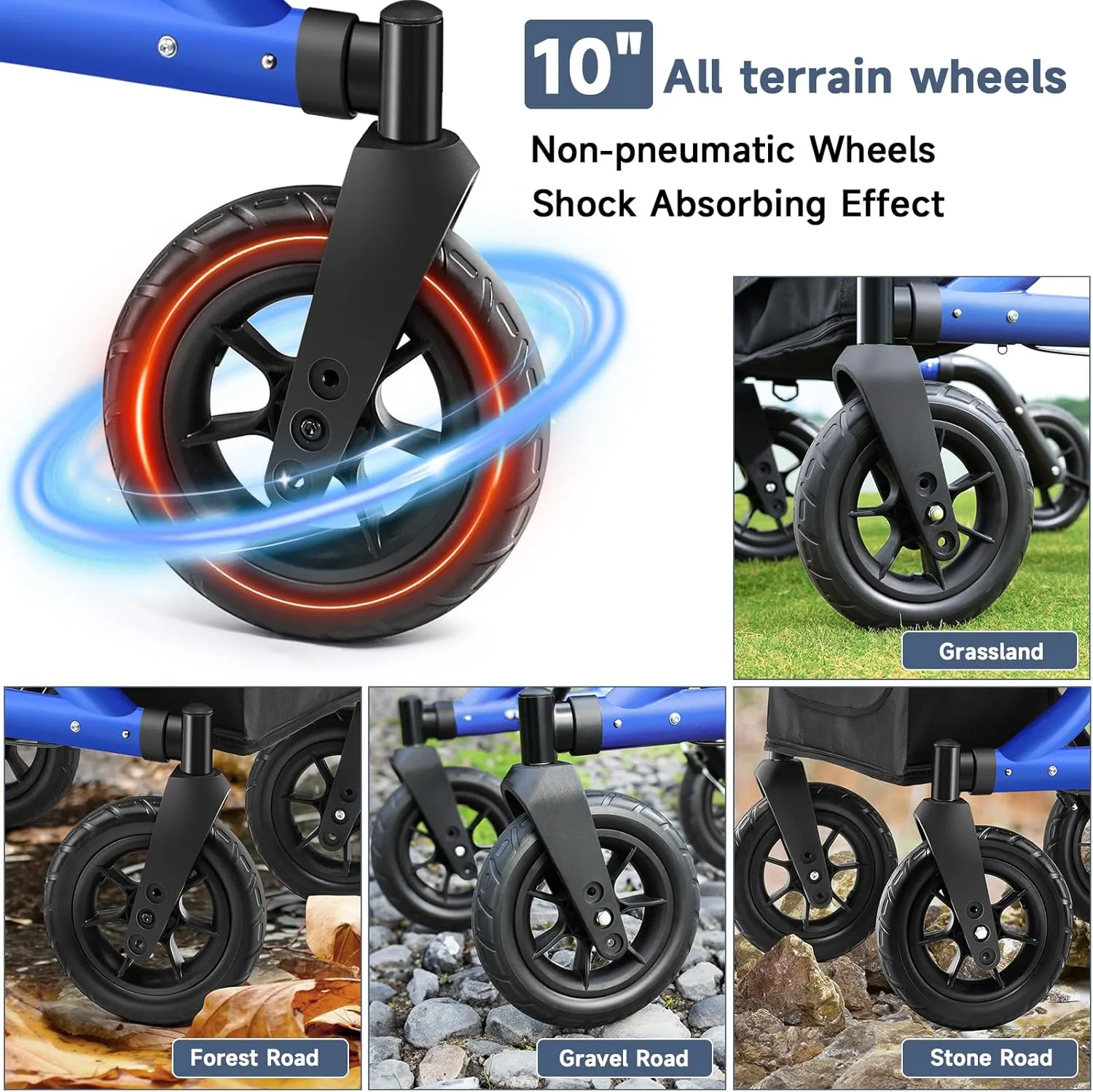 Rollator Walker for Seniors, Foldable All Terrain Rolling Walker with seat, Aluminum Walkers with 10 inch Rubber Wheels, Built-in Cable, Cup Holder, Adjustable Handles and Backrest for Seniors, Blue