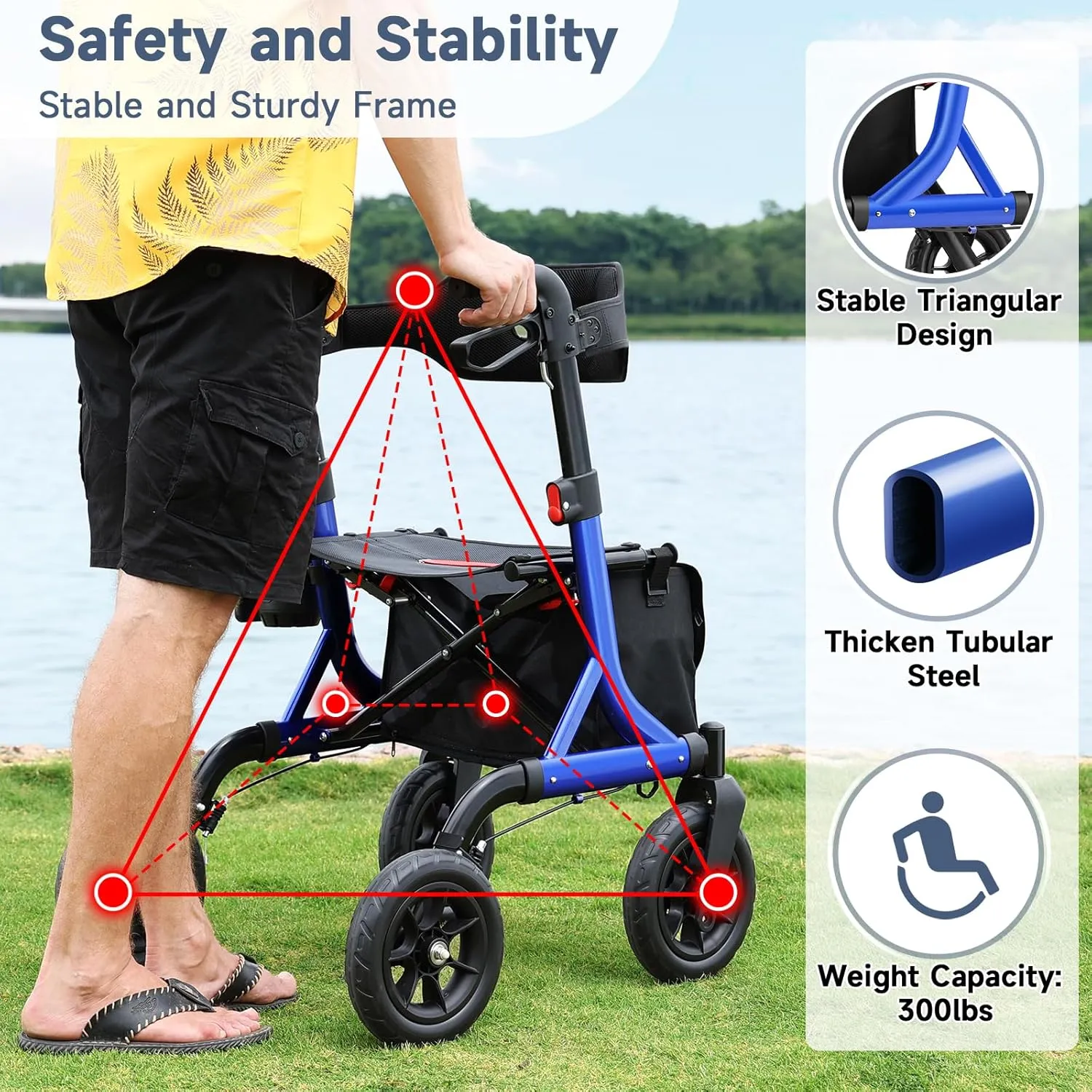Rollator Walker for Seniors, Foldable All Terrain Rolling Walker with seat, Aluminum Walkers with 10 inch Rubber Wheels, Built-in Cable, Cup Holder, Adjustable Handles and Backrest for Seniors, Blue