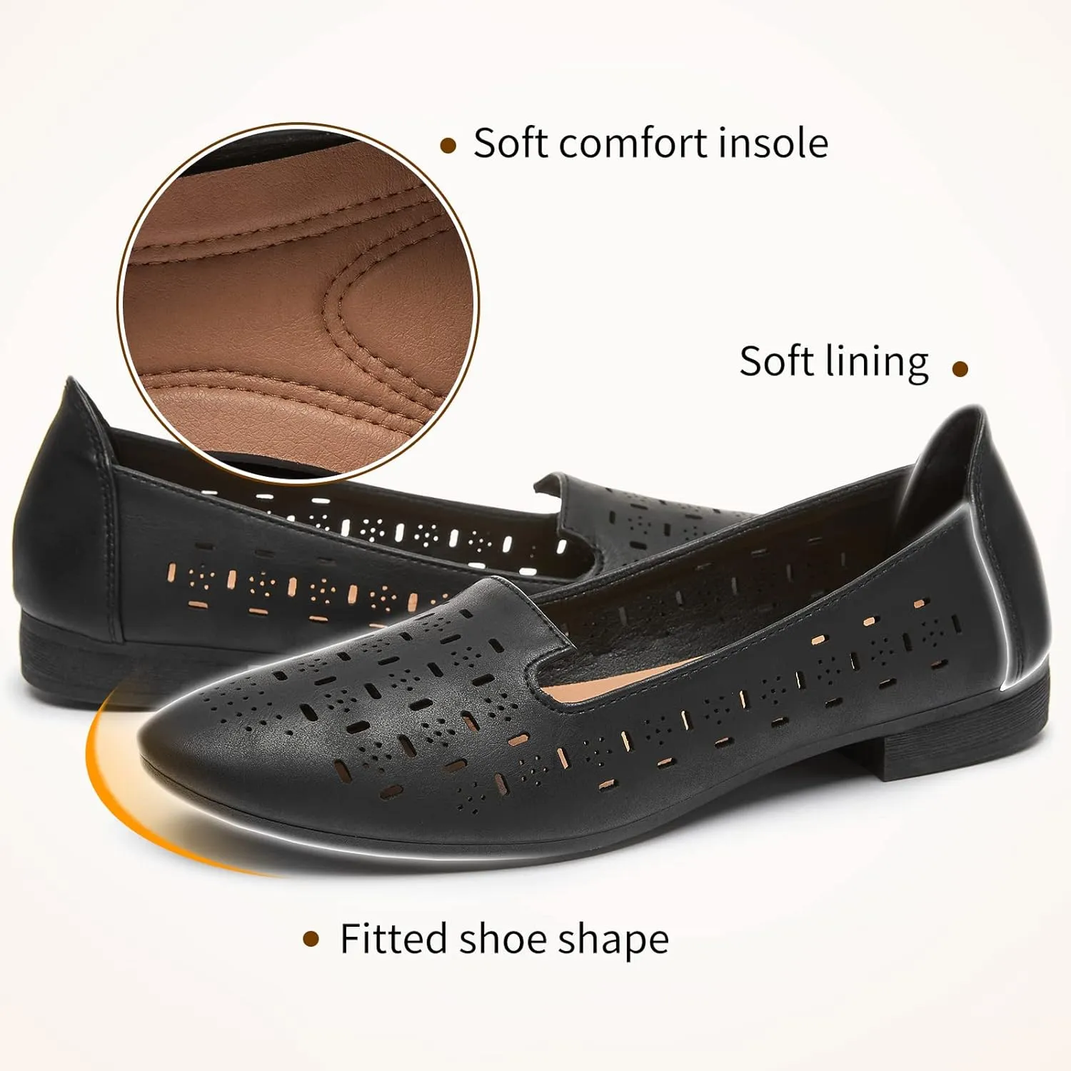 Rominz Women's Flats Shoes Comfortable Black PU Leather Ballet Flats for Women Casual Round Toe Dress Shoes Slip on Shoes Lightweight Foldable