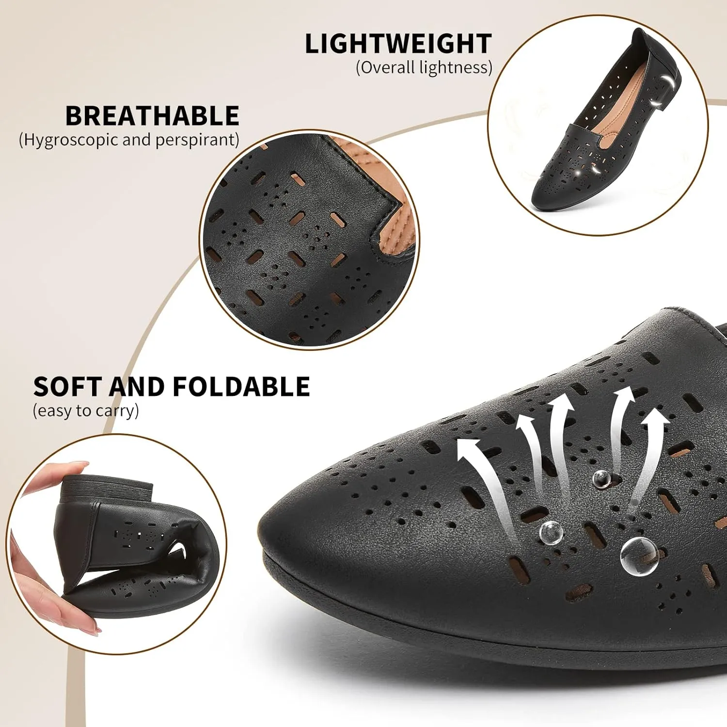 Rominz Women's Flats Shoes Comfortable Black PU Leather Ballet Flats for Women Casual Round Toe Dress Shoes Slip on Shoes Lightweight Foldable