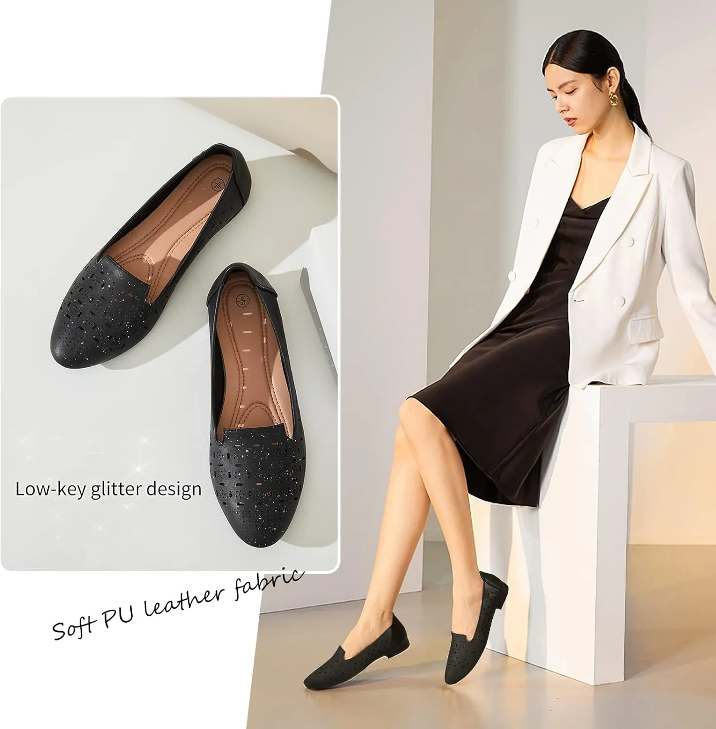 Rominz Women's Flats Shoes Comfortable Black PU Leather Ballet Flats for Women Casual Round Toe Dress Shoes Slip on Shoes Lightweight Foldable