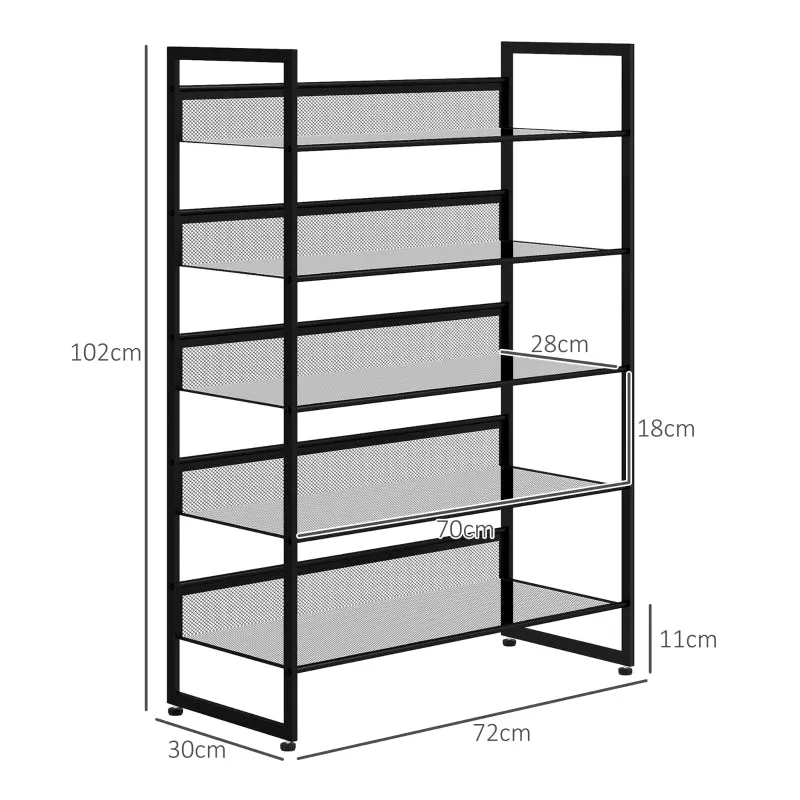 Rootz 5-Tier Shoe Rack - Shoe Organizer - Footwear Storage - Maximizes Space - Ensures Freshness - Increases Safety - 72cm x 30cm x 102cm - Steel Frame