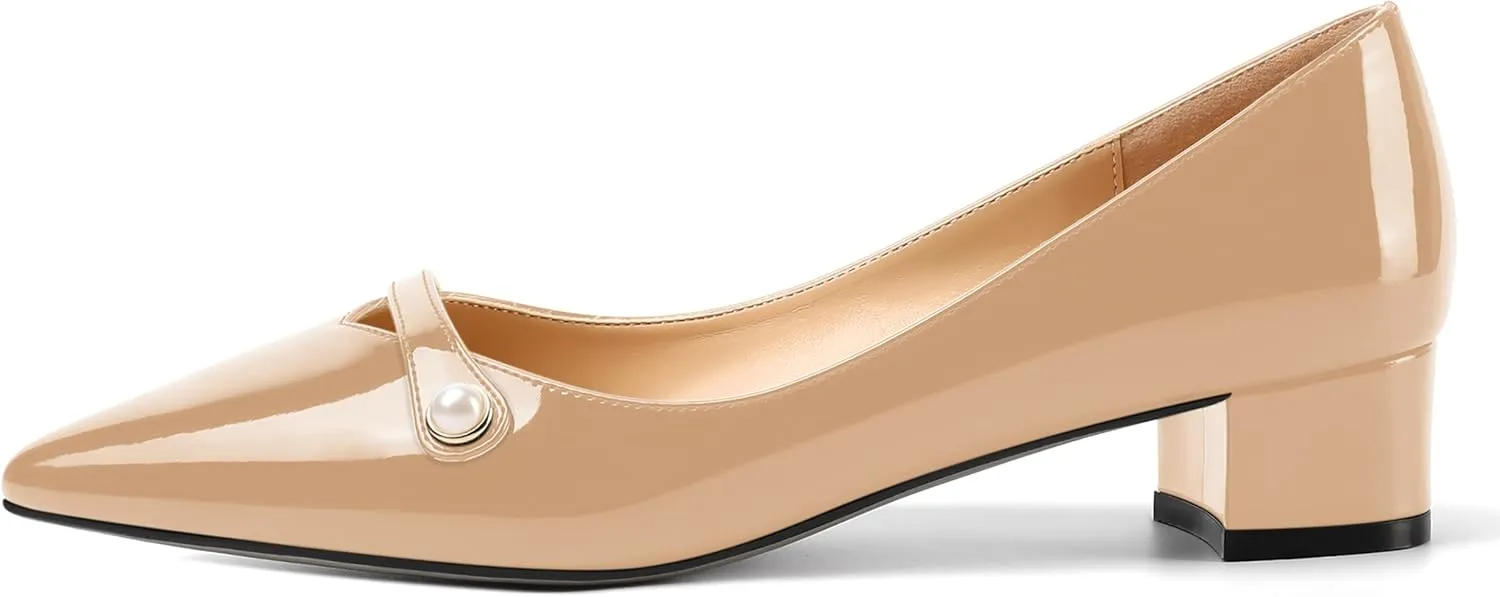ROSERWISH Womens Work Wedding Slip On Patent Pointed Toe Cute Chunky Low Heel Pumps Dress Shoes 1.5 Inch