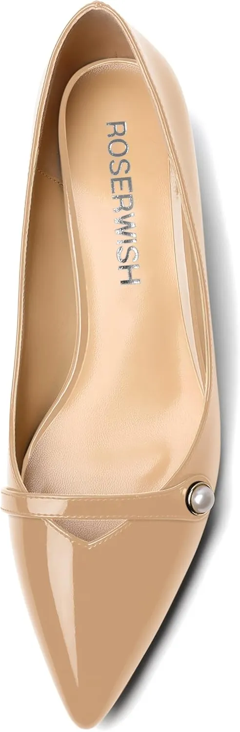 ROSERWISH Womens Work Wedding Slip On Patent Pointed Toe Cute Chunky Low Heel Pumps Dress Shoes 1.5 Inch