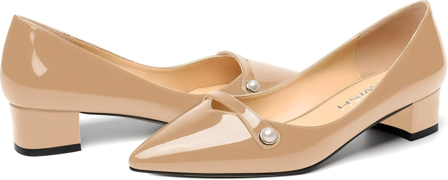 ROSERWISH Womens Work Wedding Slip On Patent Pointed Toe Cute Chunky Low Heel Pumps Dress Shoes 1.5 Inch