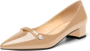 ROSERWISH Womens Work Wedding Slip On Patent Pointed Toe Cute Chunky Low Heel Pumps Dress Shoes 1.5 Inch