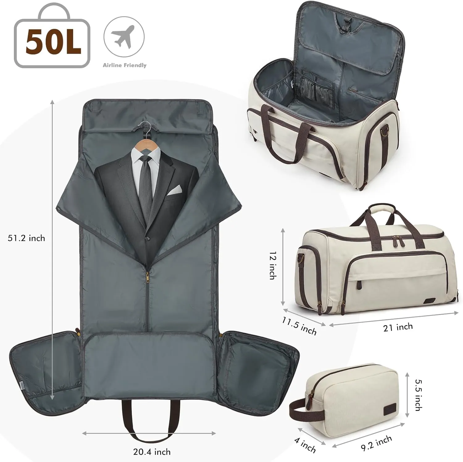 S-ZONE Carry On Garment Bag for Travel Convertible Garment Duffle Suit Bags for Men Women 2 in 1 Hanging Suitcase Business 50L