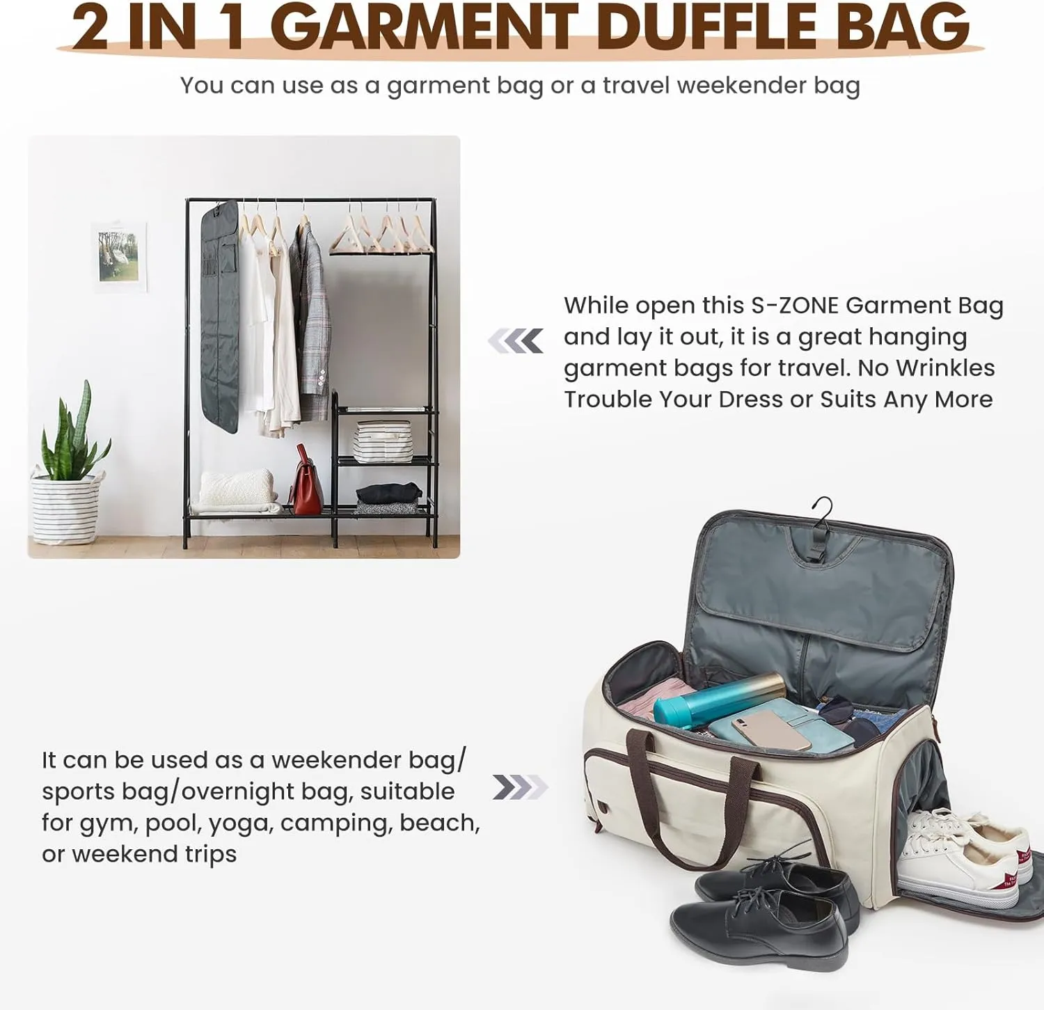 S-ZONE Carry On Garment Bag for Travel Convertible Garment Duffle Suit Bags for Men Women 2 in 1 Hanging Suitcase Business 50L