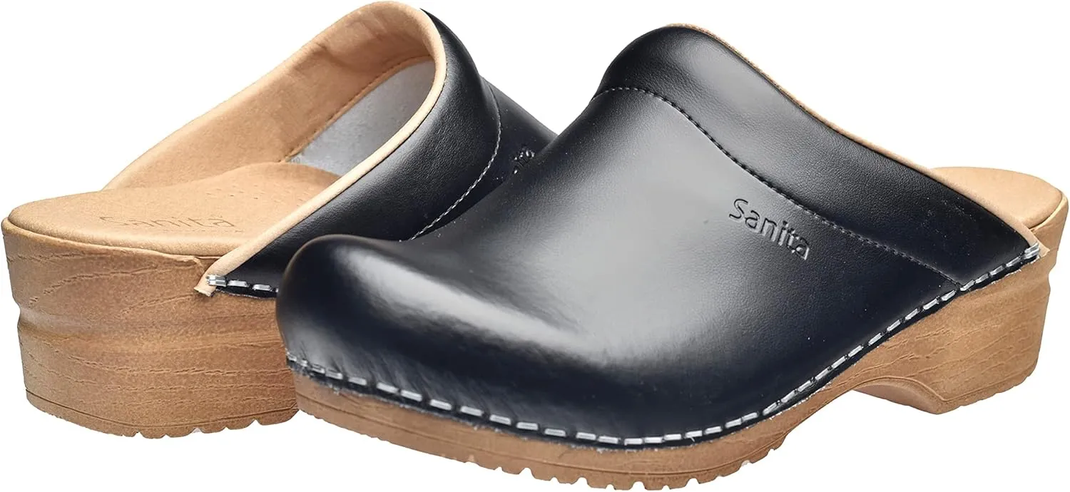 Sanita Sandra Open Clog Original Handmade Flexible Leather Clogs for Women Anatomically Shaped Foot Bed with Soft Foam