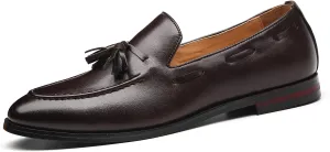 Santimon Mens Fashion Loafers Leather Casual Tassel Slip on Driving Flats Dress Shoes Black Brown