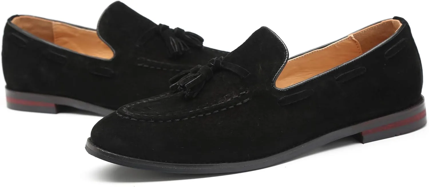 Santimon Mens Fashion Shoes Casual Dress Tassel Slip on Driving Flats Suede Loafers Black Brown Tan