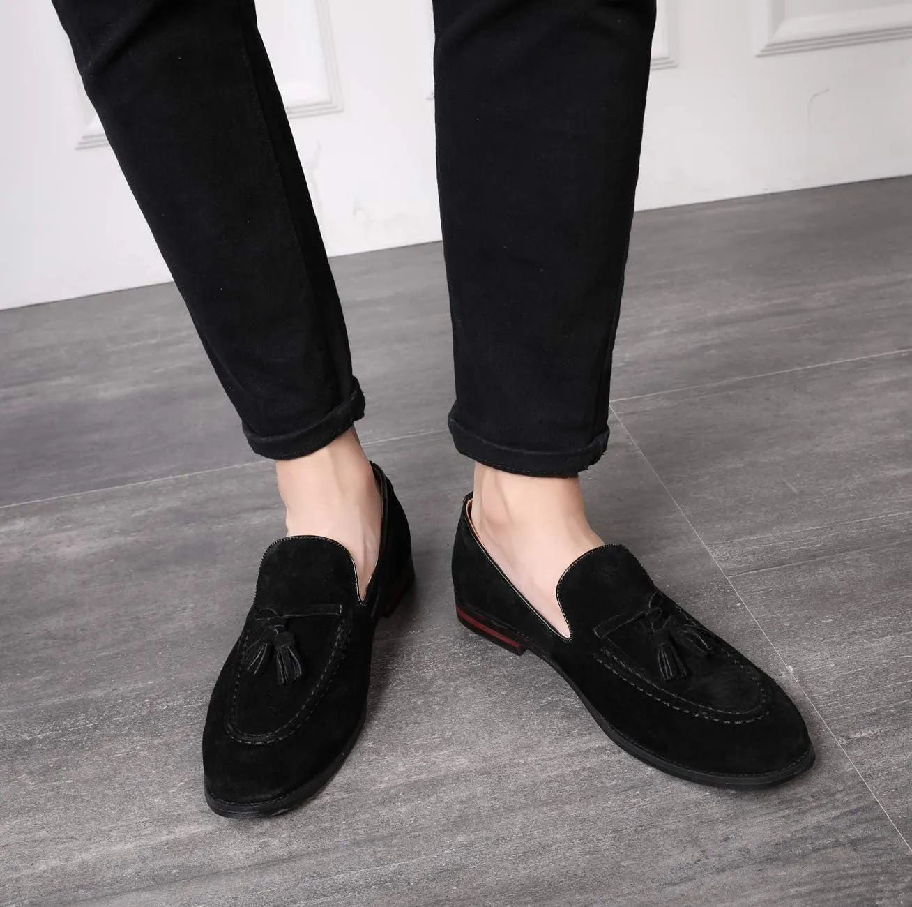 Santimon Mens Fashion Shoes Casual Dress Tassel Slip on Driving Flats Suede Loafers Black Brown Tan