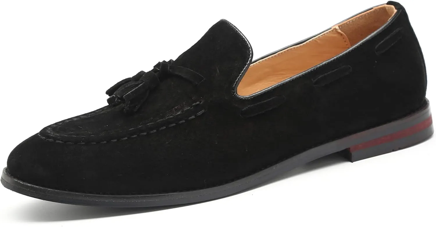 Santimon Mens Fashion Shoes Casual Dress Tassel Slip on Driving Flats Suede Loafers Black Brown Tan