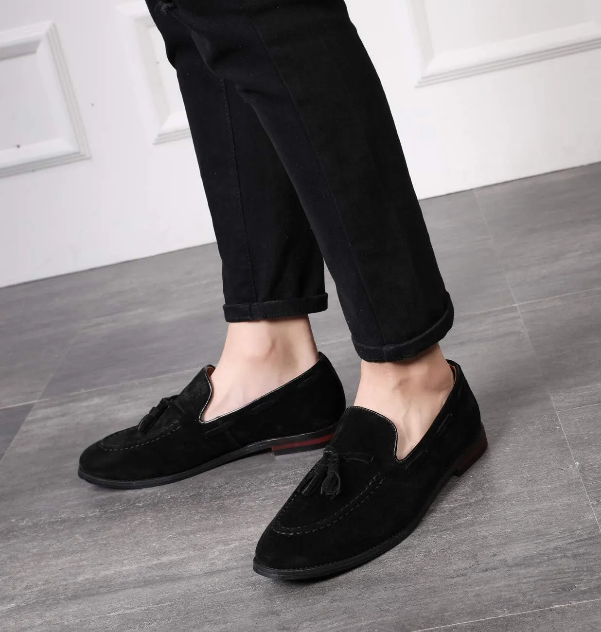 Santimon Mens Fashion Shoes Casual Dress Tassel Slip on Driving Flats Suede Loafers Black Brown Tan