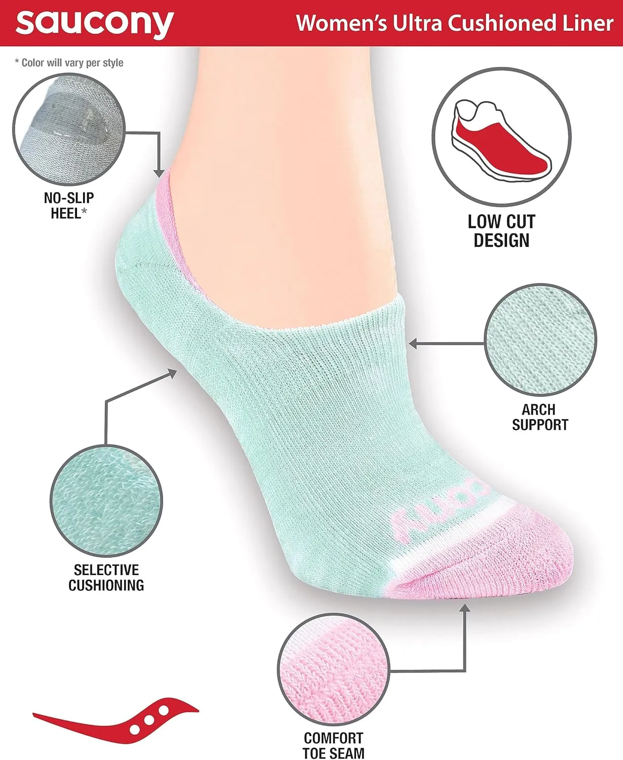Saucony Women's No Show Cushioned Invisible Liner Socks, Available in S-L (8, 16 Pairs)