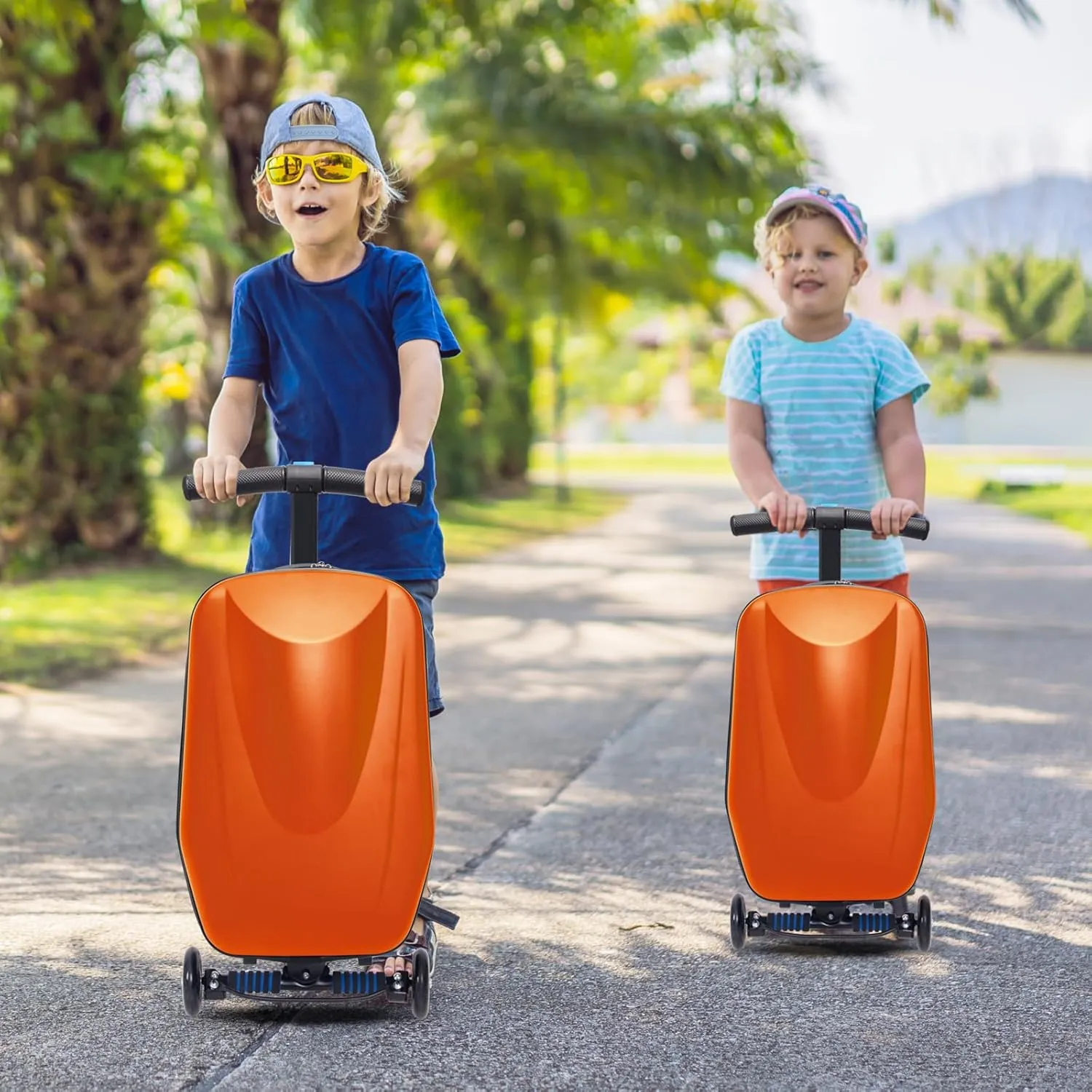 Scooter Luggage, 2- in- 1 Folding Carry On Hardshell Ride On Scooter Suitcase for Aged 4-15, Multifunctional Ride On Lightweight Luggage (Yellow)