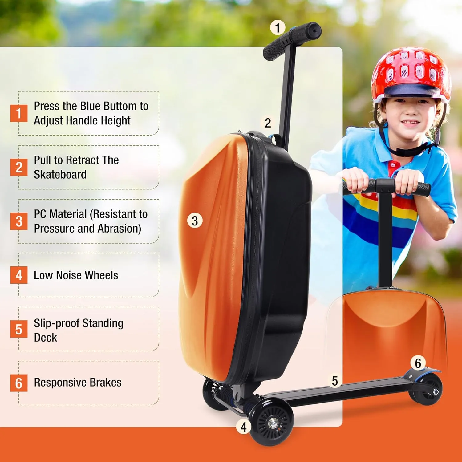 Scooter Luggage, 2- in- 1 Folding Carry On Hardshell Ride On Scooter Suitcase for Aged 4-15, Multifunctional Ride On Lightweight Luggage (Yellow)