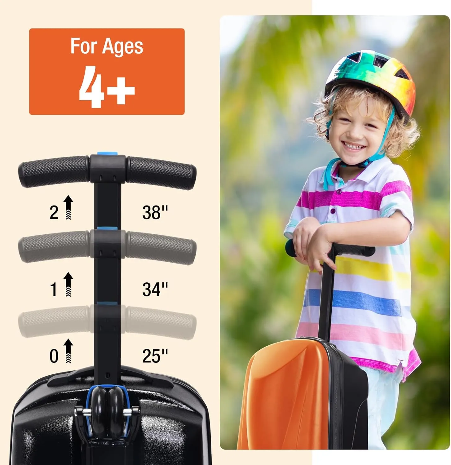Scooter Luggage, 2- in- 1 Folding Carry On Hardshell Ride On Scooter Suitcase for Aged 4-15, Multifunctional Ride On Lightweight Luggage (Yellow)