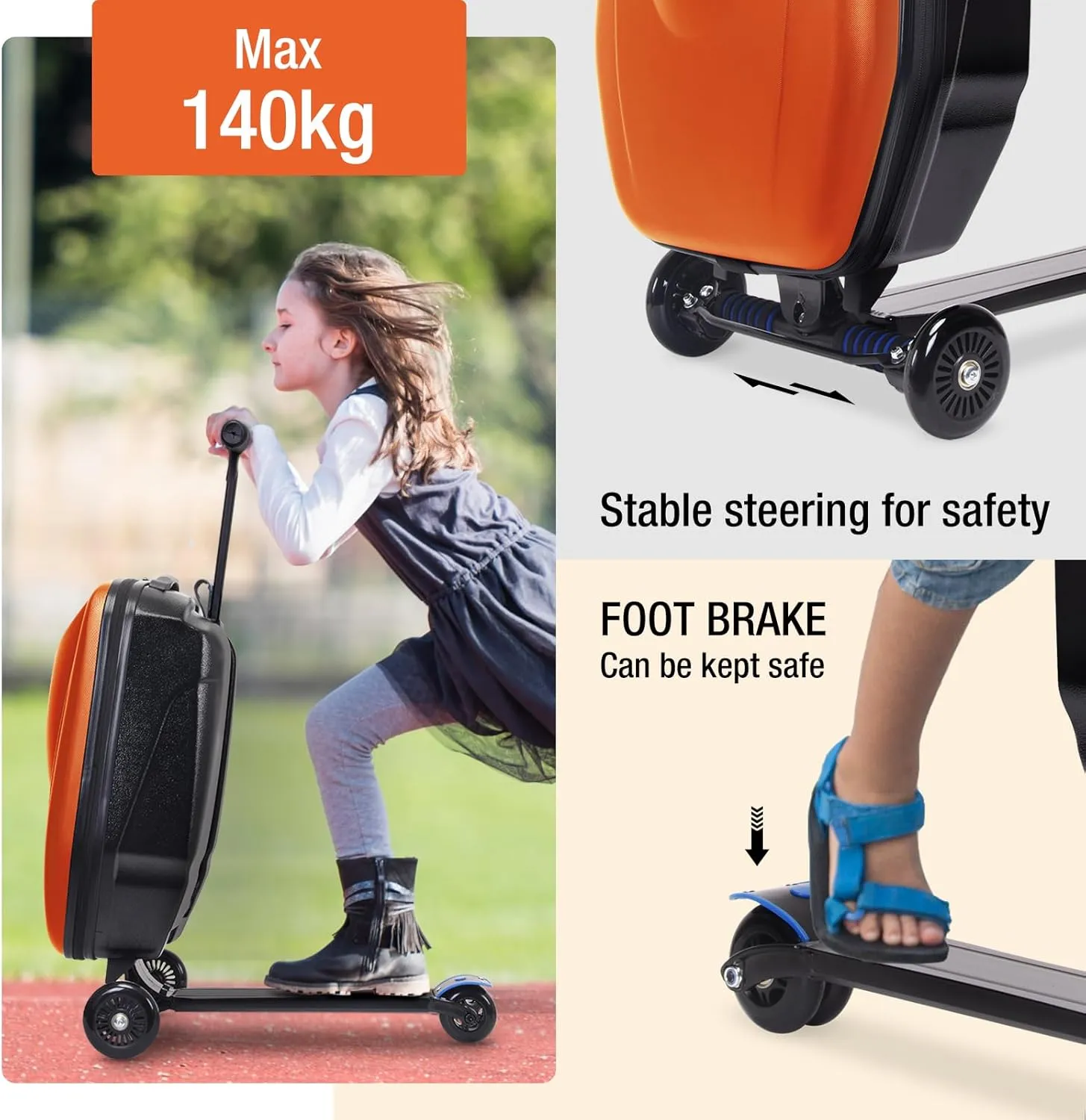 Scooter Luggage, 2- in- 1 Folding Carry On Hardshell Ride On Scooter Suitcase for Aged 4-15, Multifunctional Ride On Lightweight Luggage (Yellow)