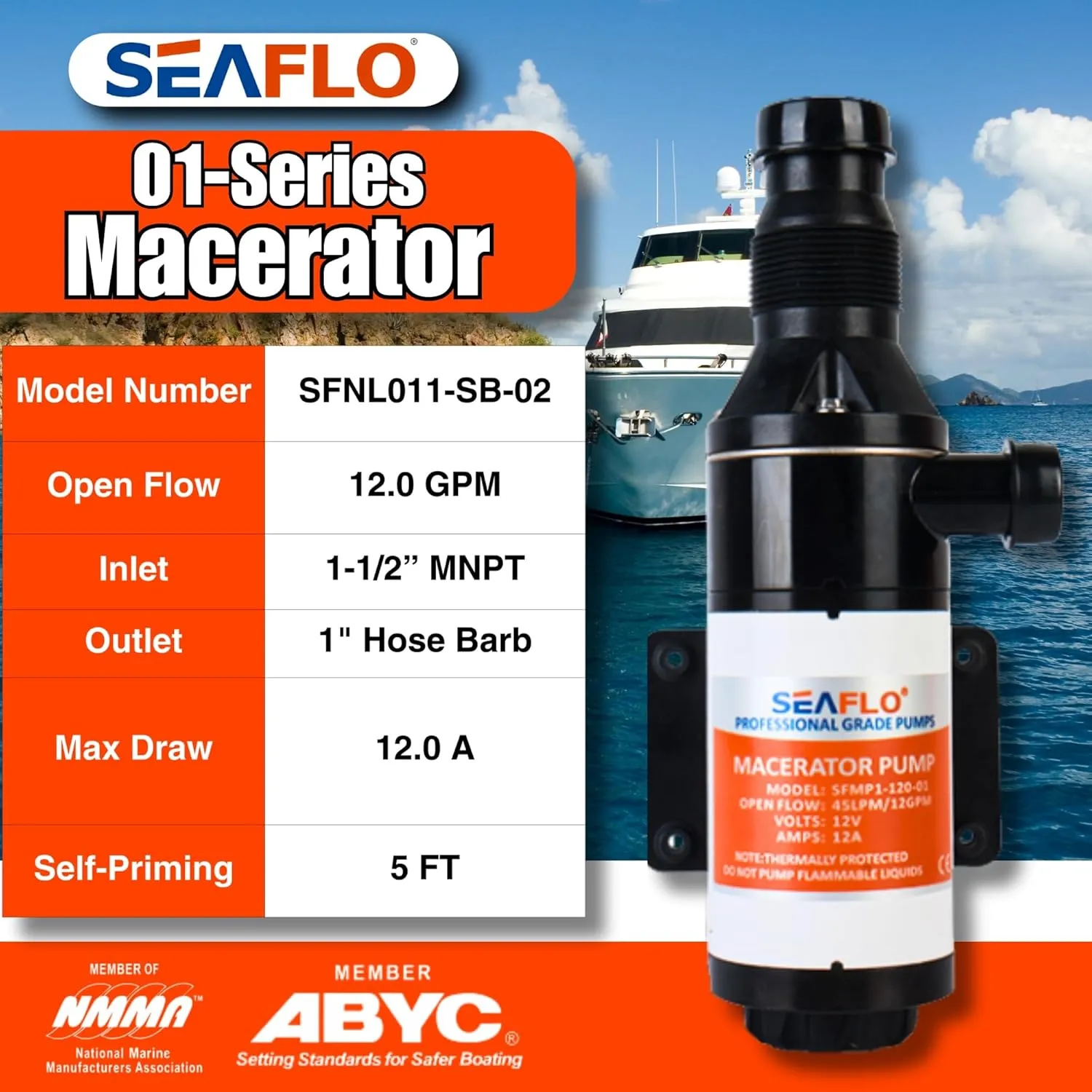 SEAFLO 01 Series Macerator Pump - 12V, 12 GPM (45 LPM) Open Flow, Self-Priming, Anti-Clog, Run-Dry, Heavy-Duty for RV, Boats, Yachts, Camper, & Marine – CE & Rohs Certified - 4-Year Warranty