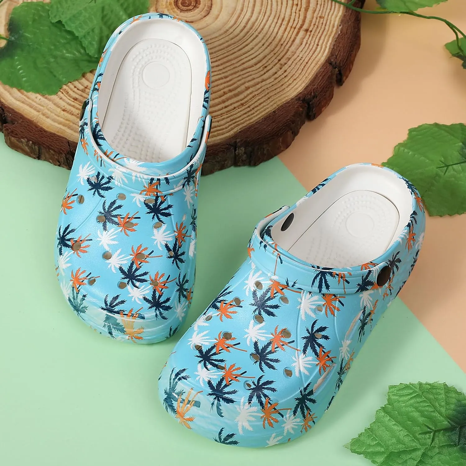 SECHRITE Womens Platform Graphic Clogs Garden Shoes Slip On Sandals Water Beach Outdoor Slippers Shoes with Removable Insole