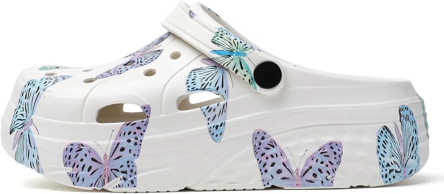 SECHRITE Womens Platform Graphic Clogs Garden Shoes Slip On Sandals Water Beach Outdoor Slippers Shoes with Removable Insole