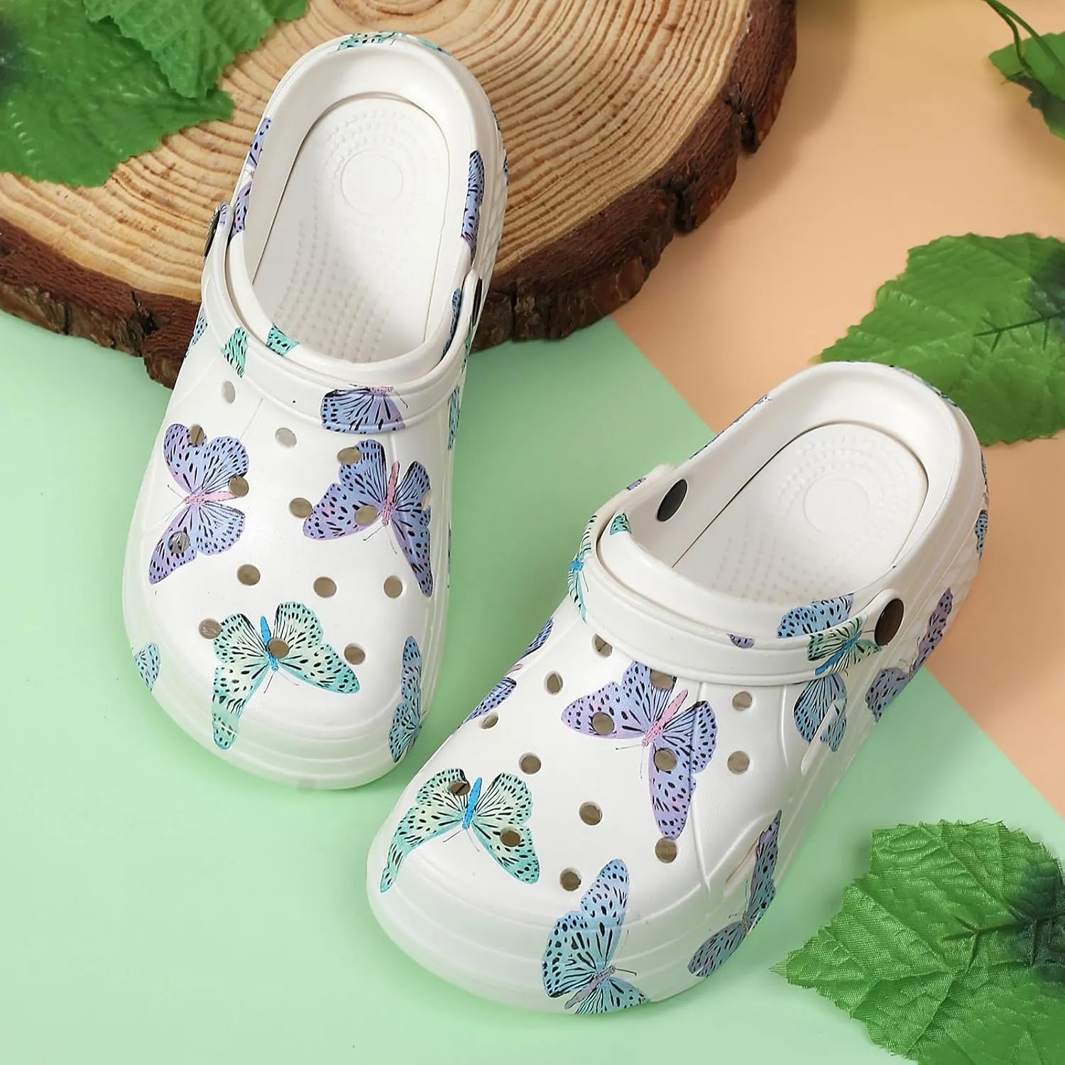 SECHRITE Womens Platform Graphic Clogs Garden Shoes Slip On Sandals Water Beach Outdoor Slippers Shoes with Removable Insole