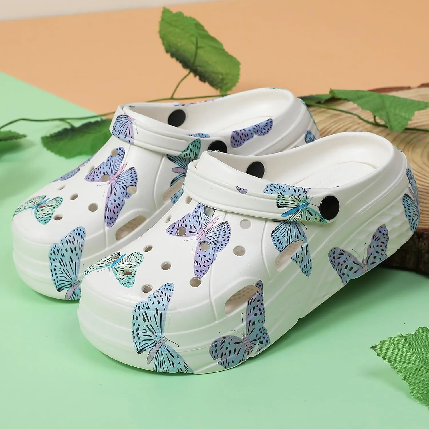 SECHRITE Womens Platform Graphic Clogs Garden Shoes Slip On Sandals Water Beach Outdoor Slippers Shoes with Removable Insole
