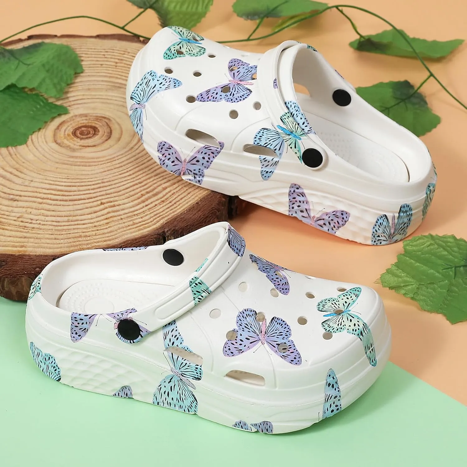 SECHRITE Womens Platform Graphic Clogs Garden Shoes Slip On Sandals Water Beach Outdoor Slippers Shoes with Removable Insole