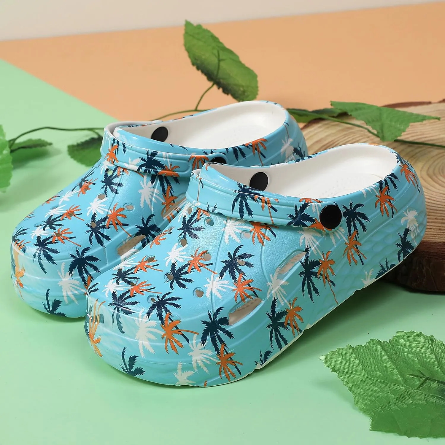 SECHRITE Womens Platform Graphic Clogs Garden Shoes Slip On Sandals Water Beach Outdoor Slippers Shoes with Removable Insole