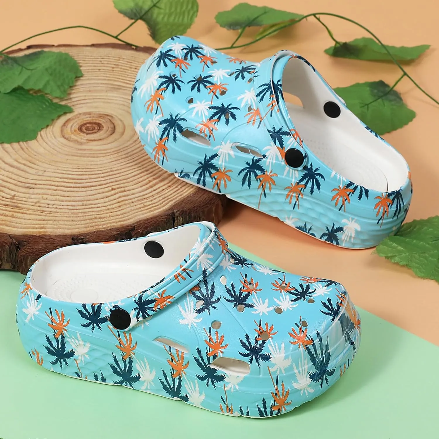 SECHRITE Womens Platform Graphic Clogs Garden Shoes Slip On Sandals Water Beach Outdoor Slippers Shoes with Removable Insole