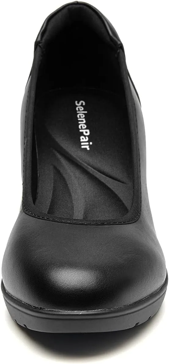SelenePair Women's Chunky Low Block Heels Work Pumps Ladies Closed Round Toe Slip On Dress Wedding Shoe