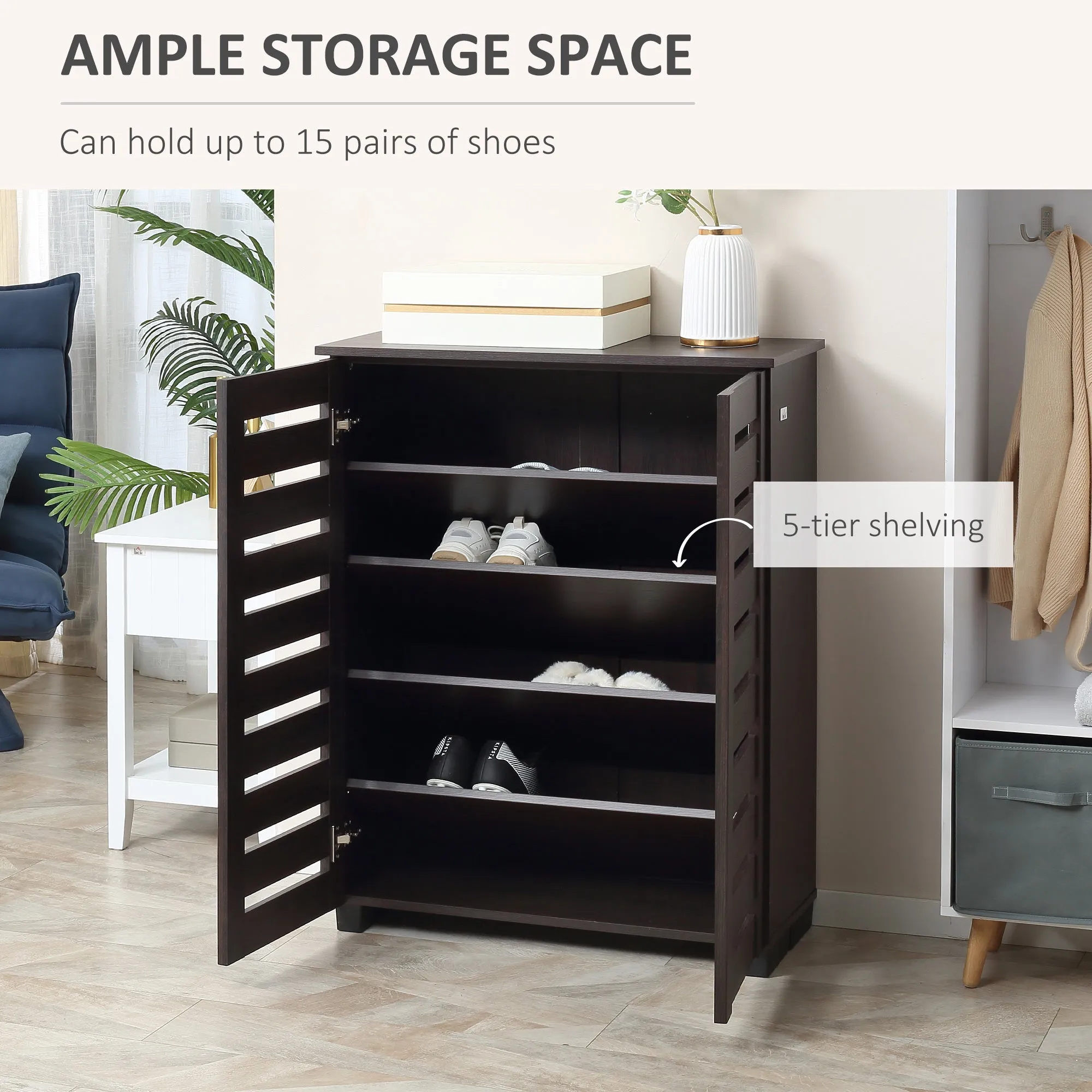 Shoe Cabinet with 2 Slatted Doors 5-Tier Shelving Cupboard for 15 Pairs of Shoes Entryway Storage Unit Dark Brown
