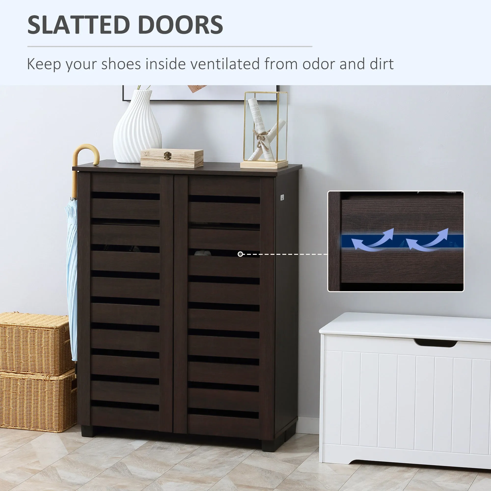 Shoe Cabinet with 2 Slatted Doors 5-Tier Shelving Cupboard for 15 Pairs of Shoes Entryway Storage Unit Dark Brown