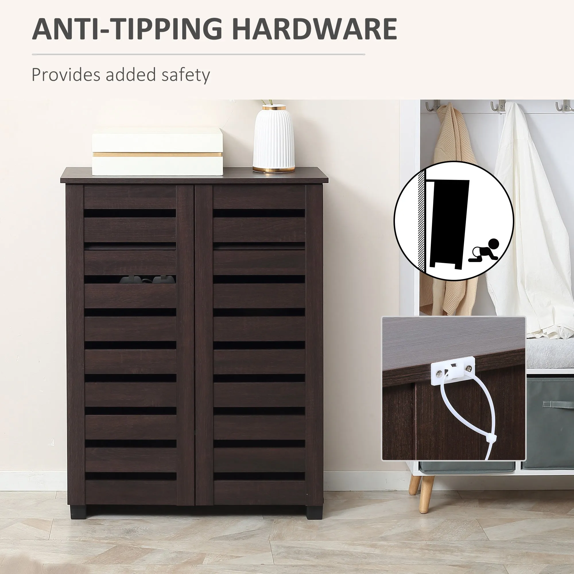 Shoe Cabinet with 2 Slatted Doors 5-Tier Shelving Cupboard for 15 Pairs of Shoes Entryway Storage Unit Dark Brown