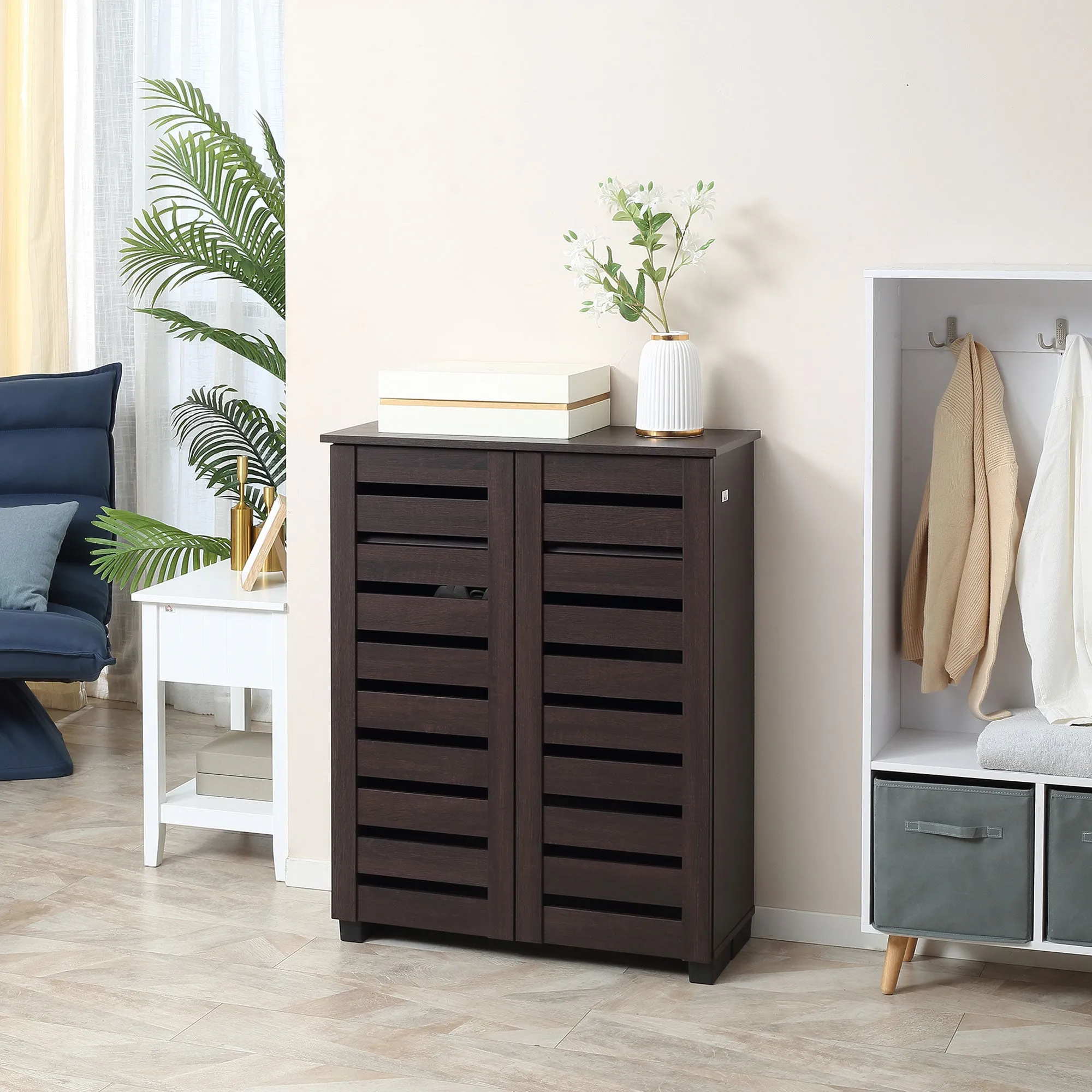 Shoe Cabinet with 2 Slatted Doors 5-Tier Shelving Cupboard for 15 Pairs of Shoes Entryway Storage Unit Dark Brown