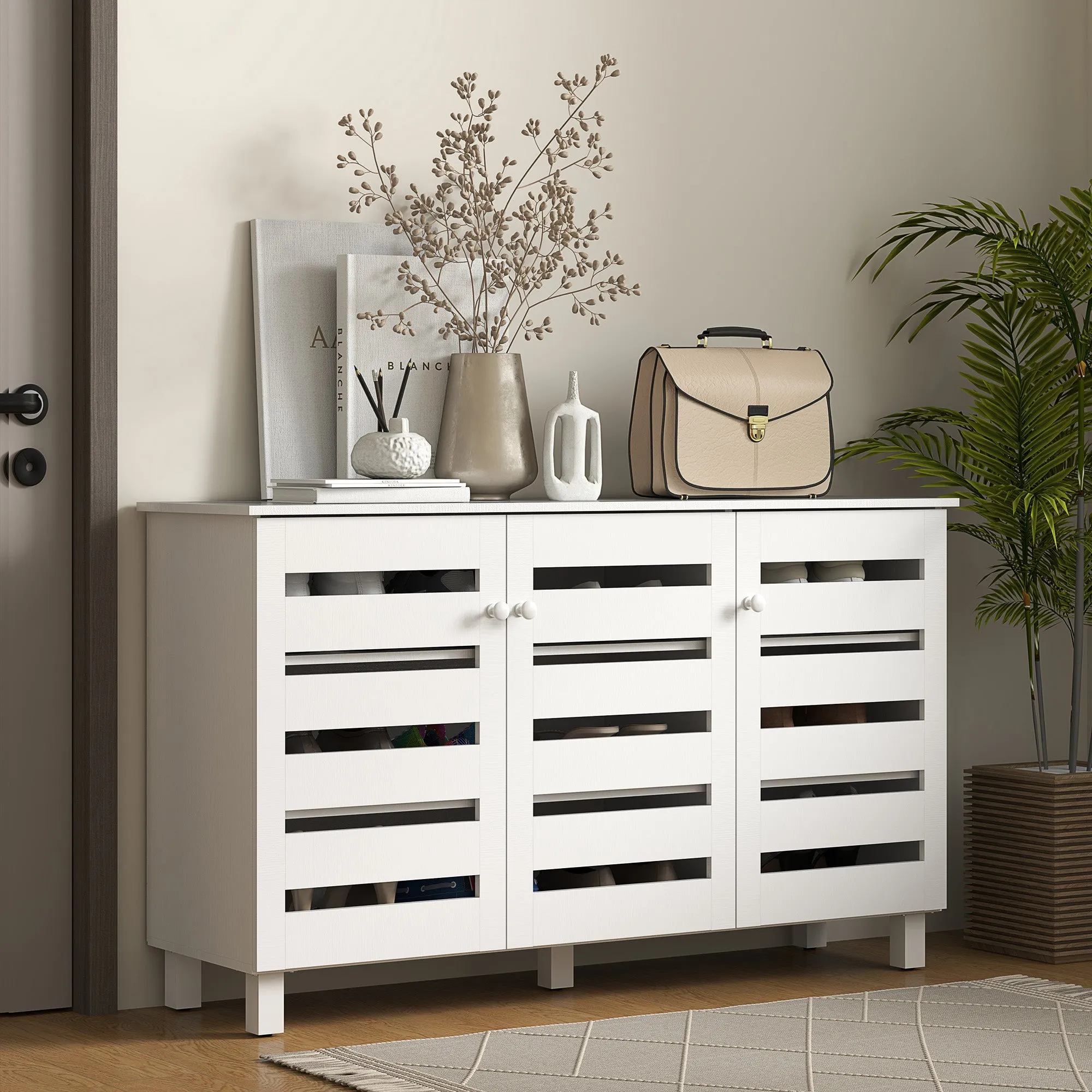 Shoe Cabinet with 3 Slatted Doors, 3-tier Shelving Rack Cabinet with Adjustable Shelves for 15 Pairs of Shoes, White