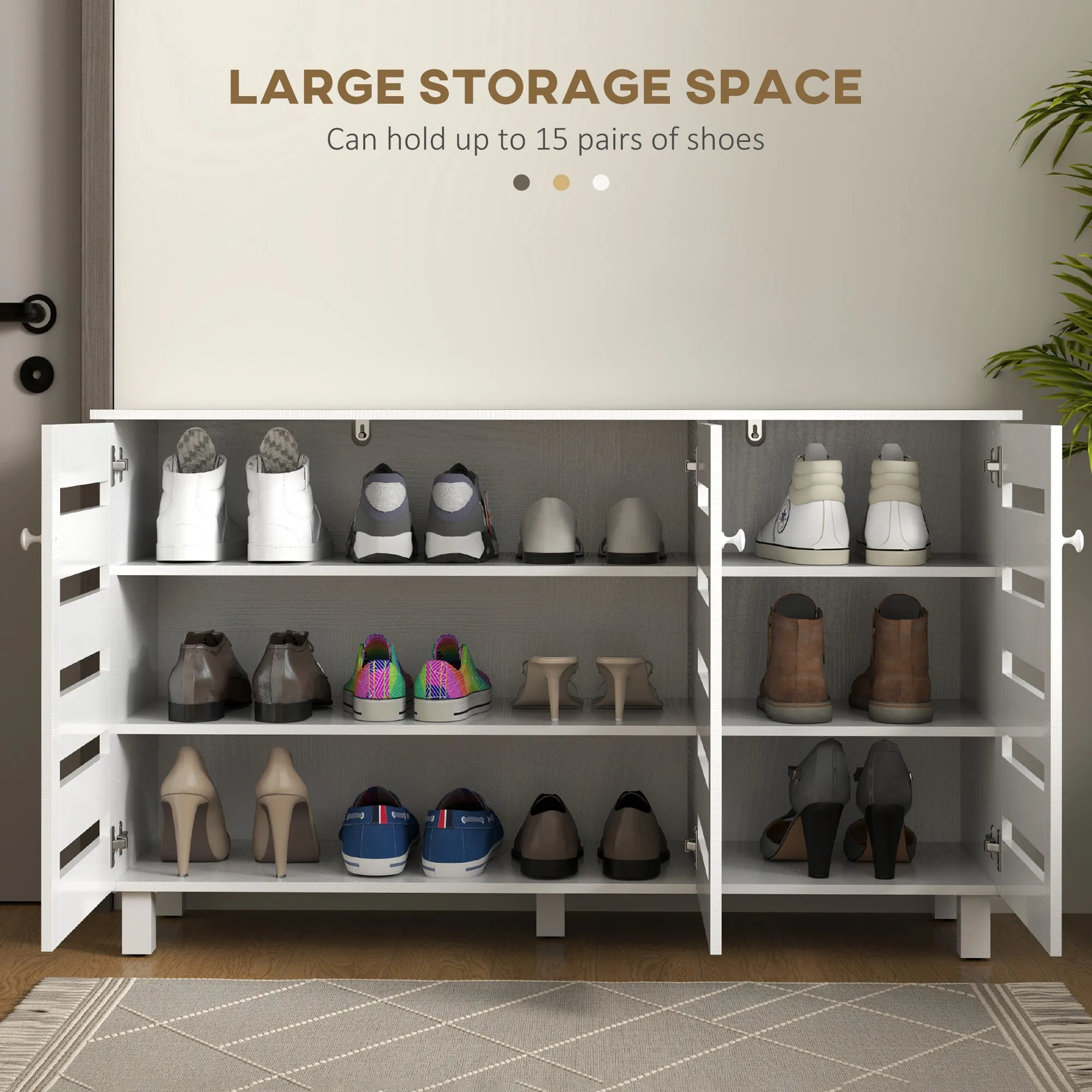 Shoe Cabinet with 3 Slatted Doors, 3-tier Shelving Rack Cabinet with Adjustable Shelves for 15 Pairs of Shoes, White